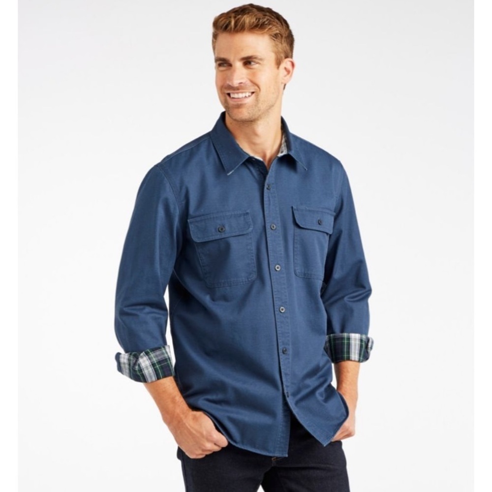 L.L.Bean Men's Flannel Plaid Lined Hurricane Button Down Shirt Navy Blue XXXL